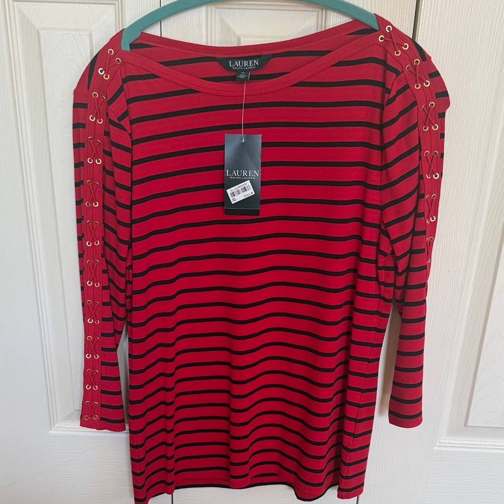 Ralph Lauren Red and Black Striped Top with Eyelet Sleeves